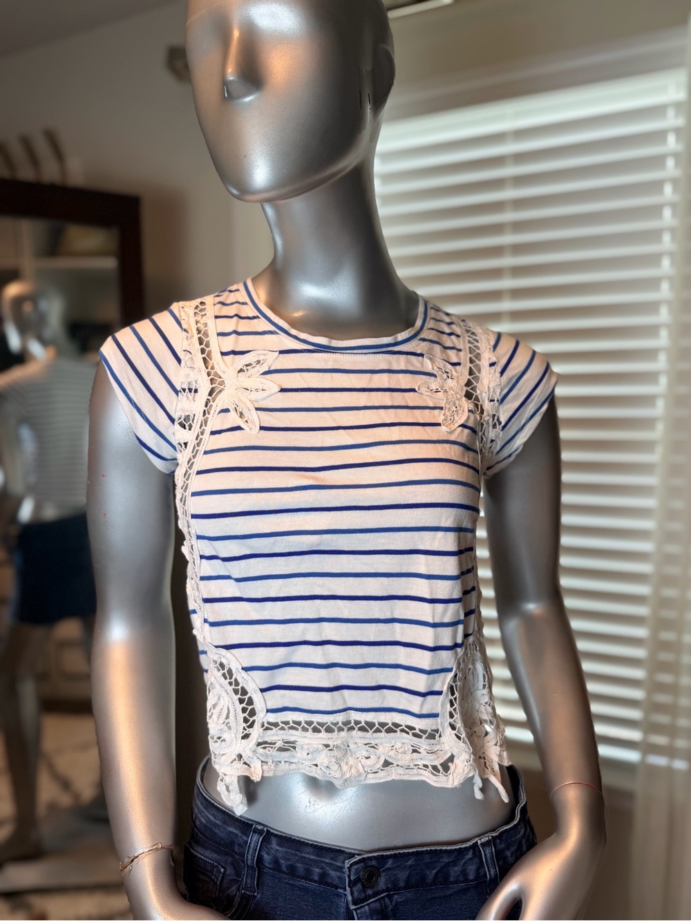 Anthropologie Maeve XS Striped Lace Crochet Crop Top 100% Cotton Boho Festival